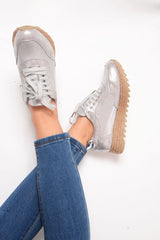 Silver Metallic Lace Up Chunky Espadrille Trainers - Emmarie