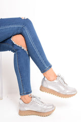Silver Metallic Lace Up Chunky Espadrille Trainers - Emmarie