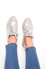 Silver Metallic Lace Up Chunky Espadrille Trainers - Emmarie