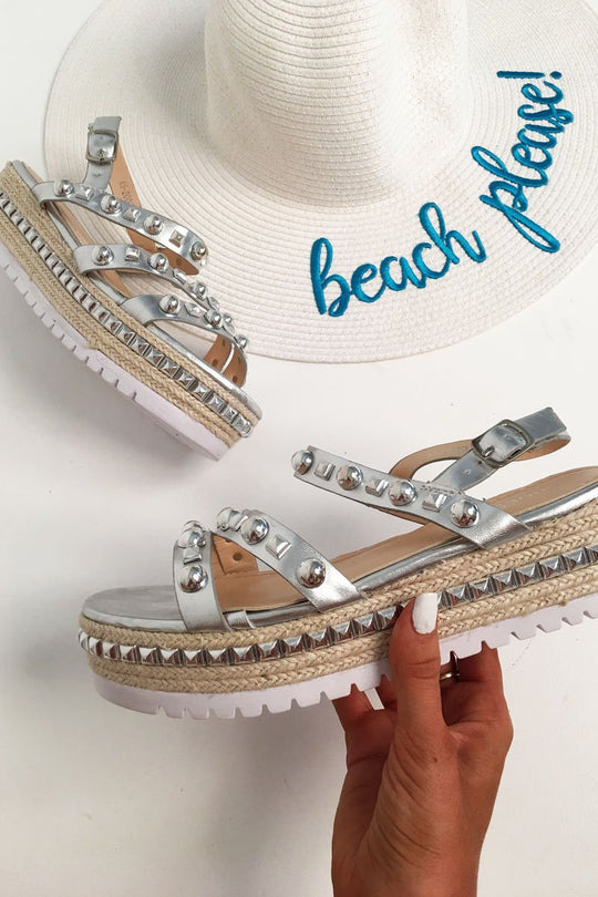 Silver Studded Espadrille Sandals - Delara