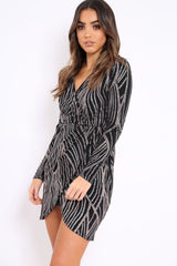 Black And Silver Sequin Wrap Front Dress - Kelcy