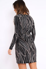 Black And Silver Sequin Wrap Front Dress - Kelcy