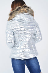 Silver Wet Look Puffer Coat - Soph