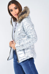 Silver Wet Look Puffer Coat - Soph