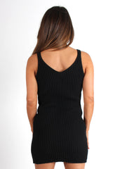 Silvia Black Knitted Ribbed V Front Dress