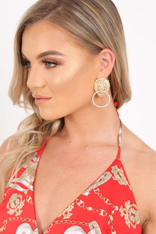 Gold Lion Head Diamante Hoop Earrings - Simba