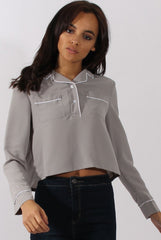 Grey Contrast Piping Cropped Shirt - Simone
