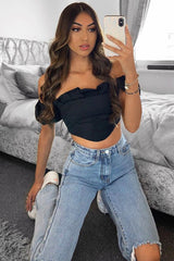 Black Cotton Pleated Bandeau Crop Top - Galaxy