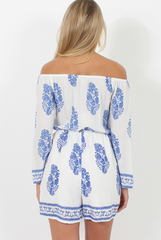White and Blue Paisley Pattern Off Shoulder Playsuit - Siobhan