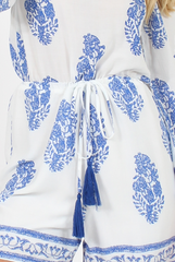 White and Blue Paisley Pattern Off Shoulder Playsuit - Siobhan