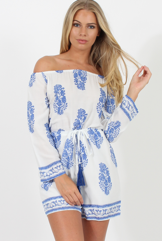 White and Blue Paisley Pattern Off Shoulder Playsuit - Siobhan