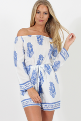 White and Blue Paisley Pattern Off Shoulder Playsuit - Siobhan