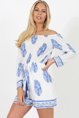 White and Blue Paisley Pattern Off Shoulder Playsuit - Siobhan