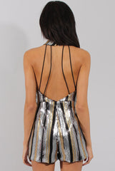 Silver & Gold Sequin Plunge Playsuit - Sisley