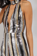 Silver & Gold Sequin Plunge Playsuit - Sisley