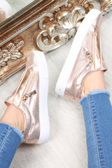 Rose Gold Shiny Double Zip Front Slide On Trainers - Sisley