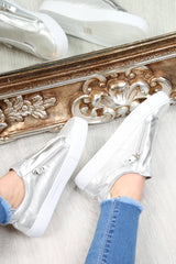 Silver Shiny Double Zip Front Slide On Trainers - Sisley