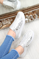 Silver Shiny Double Zip Front Slide On Trainers - Sisley