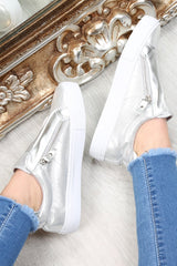 Silver Shiny Double Zip Front Slide On Trainers - Sisley