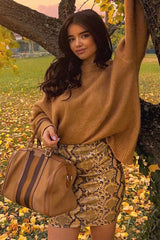 Brown Snake Print Faux Leather Zip Skirt - Edda