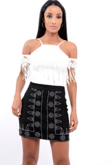 Black Suedette Skirt with Embroidered Detailing - Marie