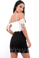 Black Suedette Skirt with Embroidered Detailing - Marie