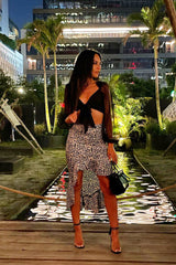 Black White Leopard Print Frilled Hem Midi Skirt - Julia