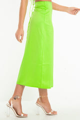 Neon Green Satin Floaty Midi Skirt - Serafina