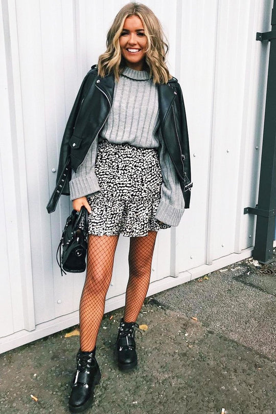 Black and White Leopard Print Ruffle Hem Mini Skirt - Novella