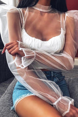 White Mesh High Neck Open Back Blouse - Anthea