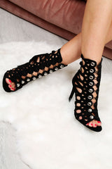 Black Looped Corset Peep Toe Heels - Sky