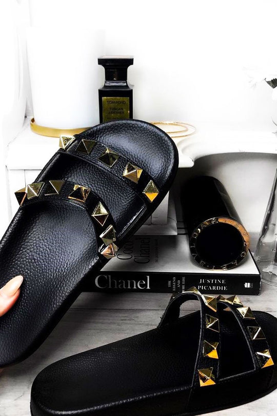 Black Gold Studded Double Strap Sliders - Cerina