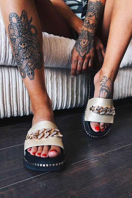 Gold Diamante Chain Flatform Sliders - Elliyah