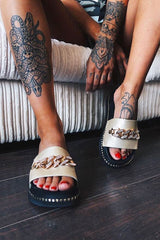 Gold Diamante Chain Flatform Sliders - Elliyah