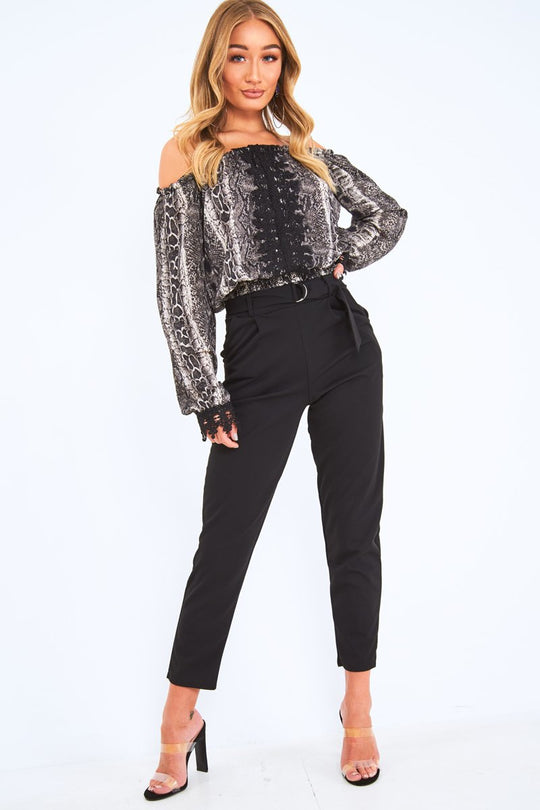 Snake Bardot Lace Detail Shirred Hem Blouse - Joeliz