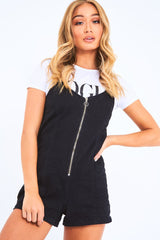 Black Denim Plunge Zip Front Playsuit - Tiona