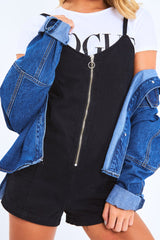 Black Denim Plunge Zip Front Playsuit - Tiona
