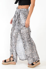 Beige Snake Print Wide Leg Belted Trousers - Brooklinn