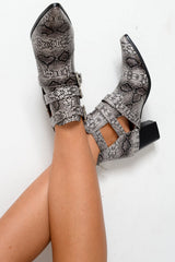 Grey Snake Print Western Buckle Pointed Ankle Boots - Disha