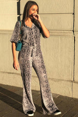 Grey Snake Print High Waisted Flare Trousers And Shirt Co-ord - Colynn