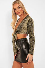 Khaki Snake Leopard Plunge Tie Front Blouse - Sedonia