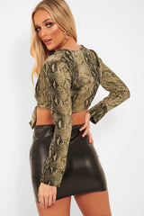 Khaki Snake Leopard Plunge Tie Front Blouse - Sedonia