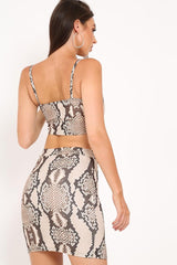 Beige Snake Print Crop Top And Bodycon Skirt Co-Ord - Aamyah