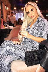 Grey Snake Print High Waisted Flare Trousers And Shirt Co-ord - Colynn