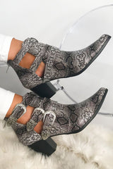 Grey Snake Print Western Buckle Pointed Ankle Boots - Disha