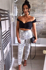 White Snake Print Faux Leather Ring Zip Trousers - Alexus