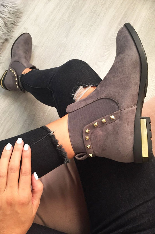 Grey Studded Faux Suede Ankle Boots - Pearson
