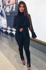 Black Crepe Ruffle High Neck Shirt - Honey