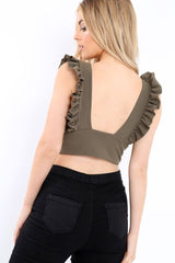 Khaki Plunge Ruffle Crop Top - Sofia