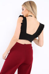 Black Plunge Ruffle Crop Top - Sofia